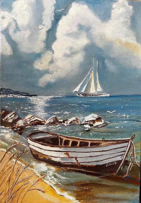 Yağlı boya sahil ve sandal